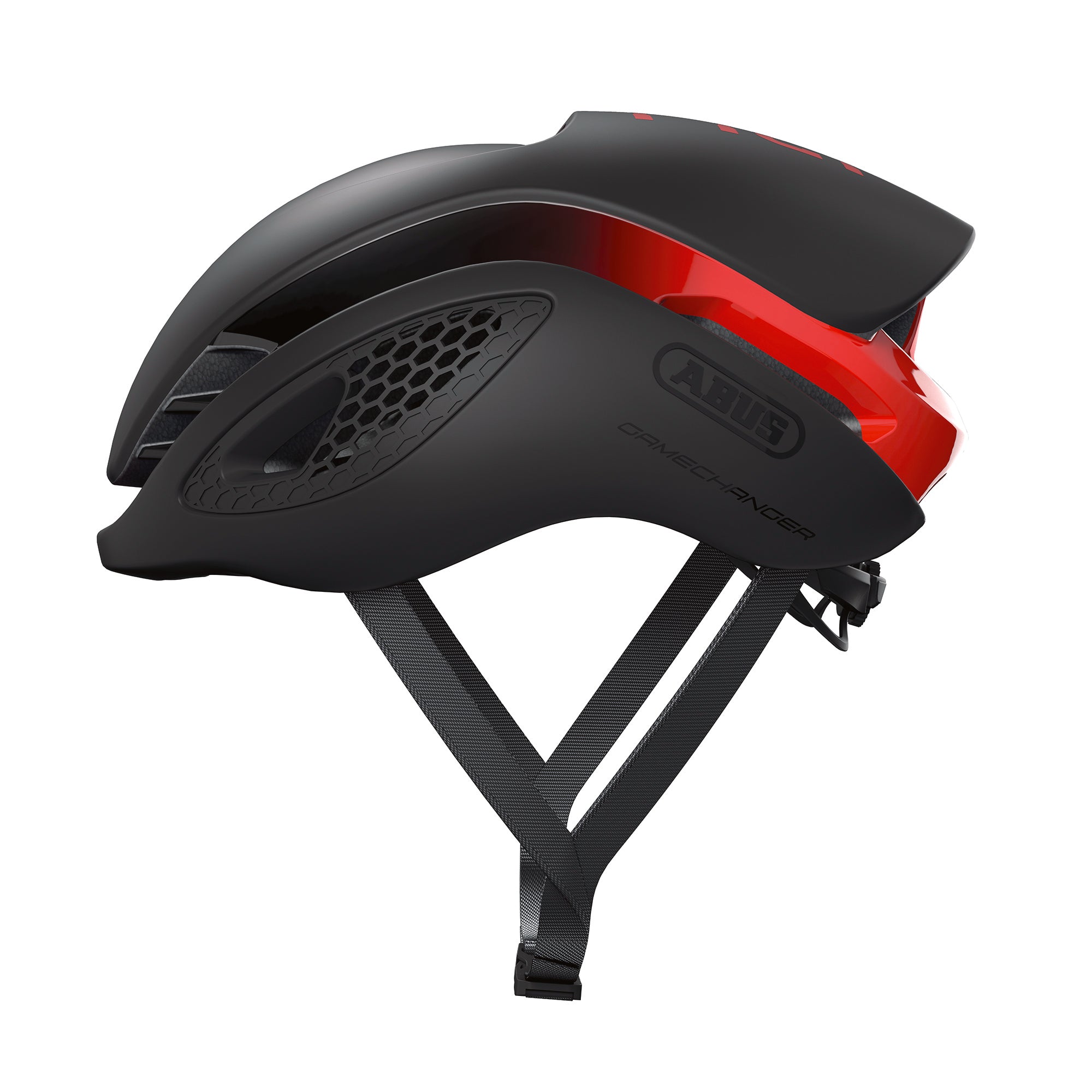 Side view of ABUS GameChanger Helmet in black and red with aerodynamic design and adjustable straps for race performance