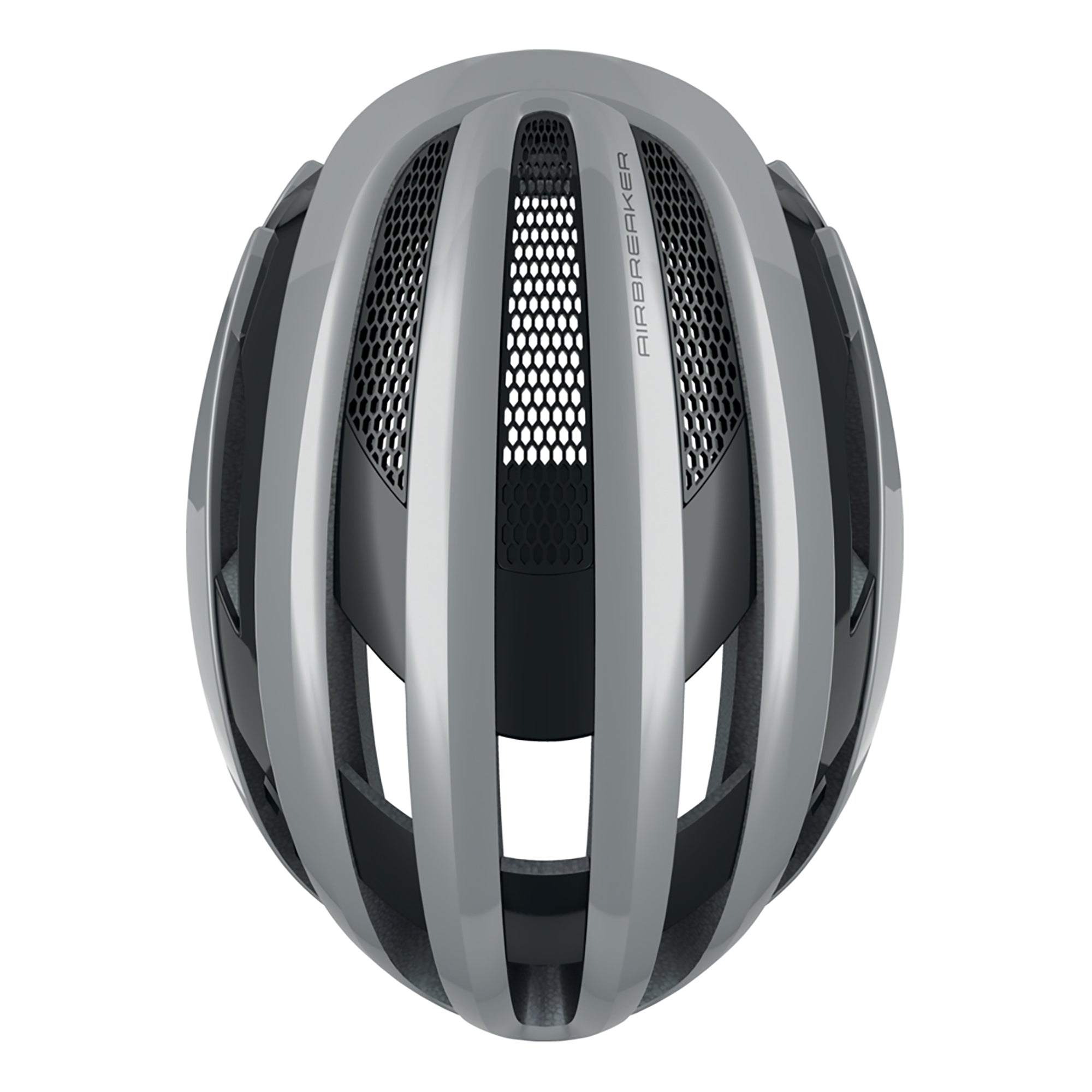 Top view of ABUS AirBreaker Helmet in gray with open ventilation channels and honeycomb mesh inserts for airflow and protection