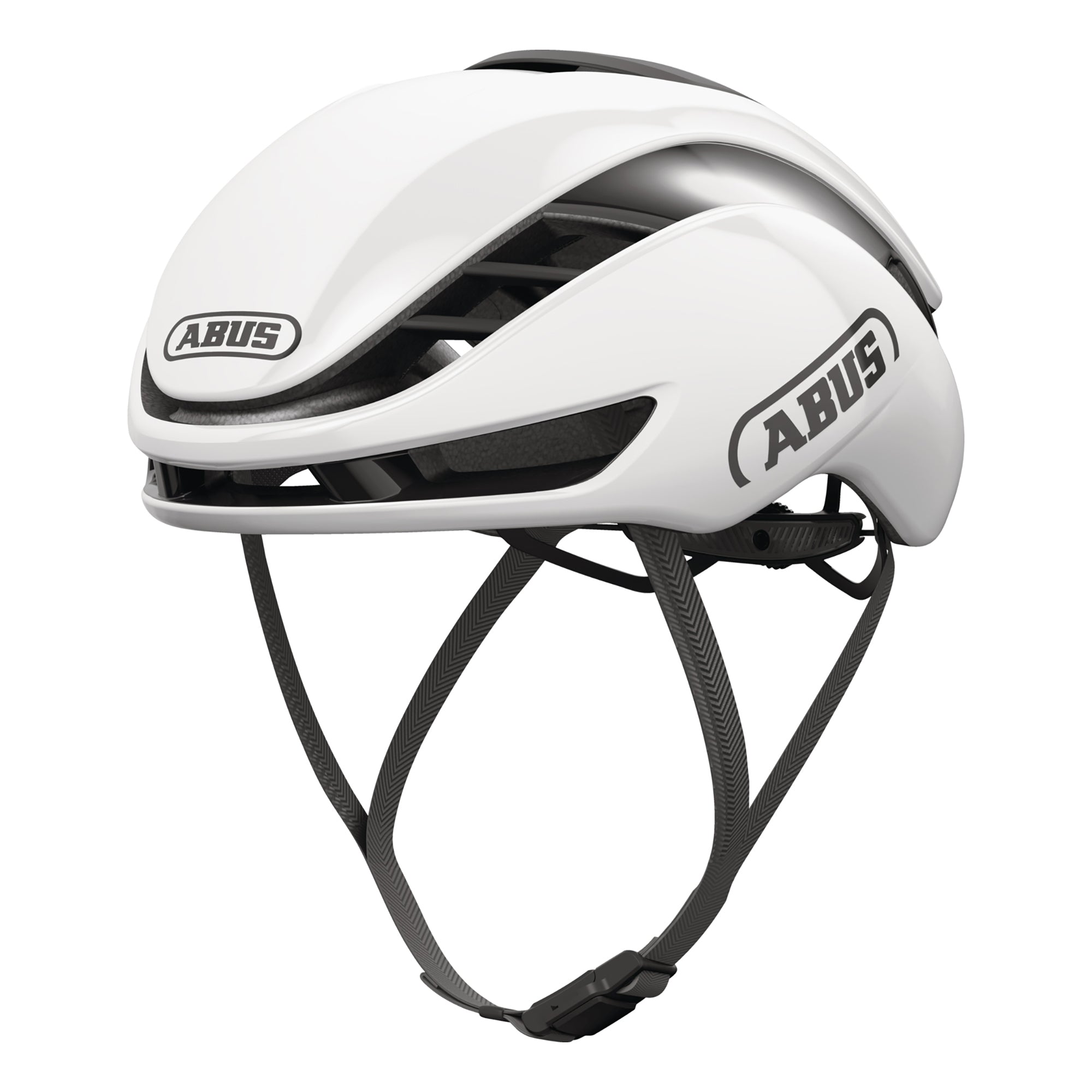 ABUS GameChanger 2.0 MIPS Helmet in white with aerodynamic design and adjustable black straps for cycling safety and comfort