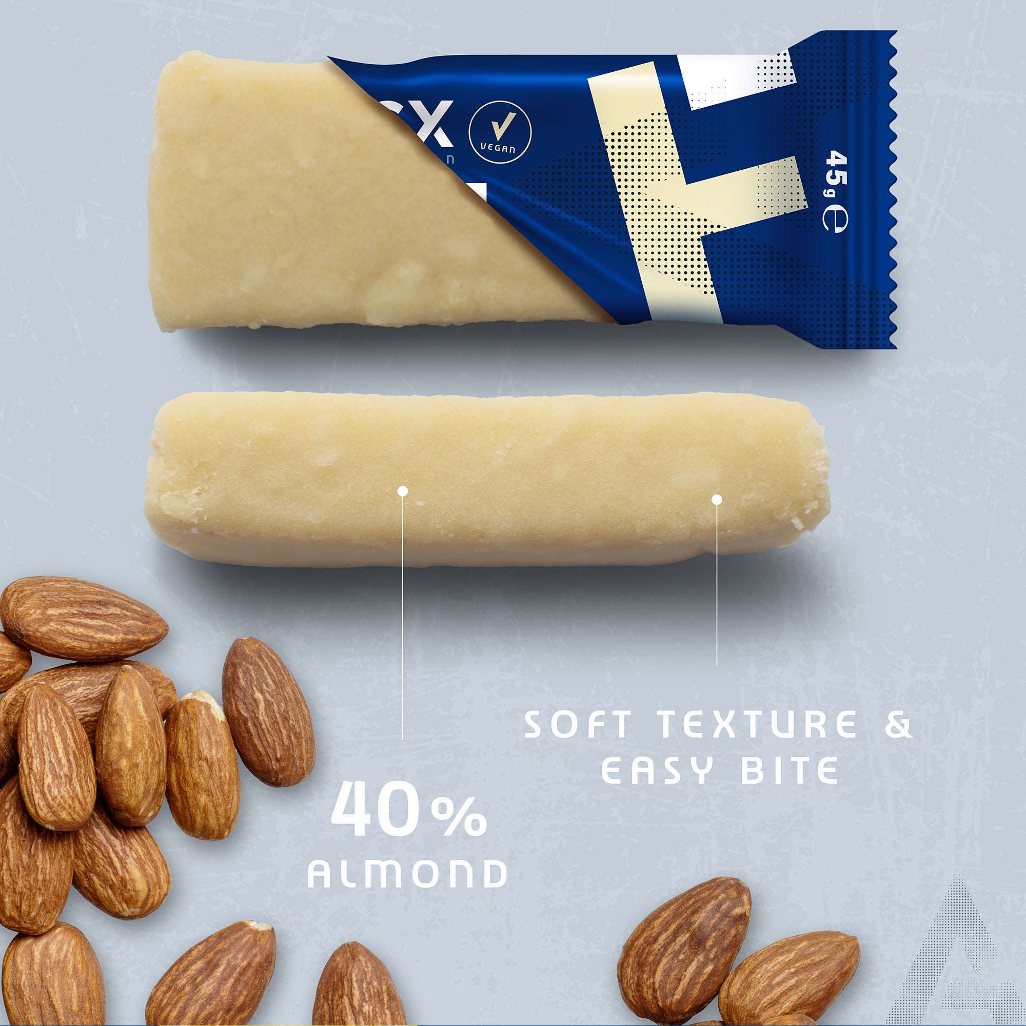 Fast Bar Vanilla | 12 pack showing soft texture, easy bite, 40% almond content, gallery position 3, 2000x2000 square image