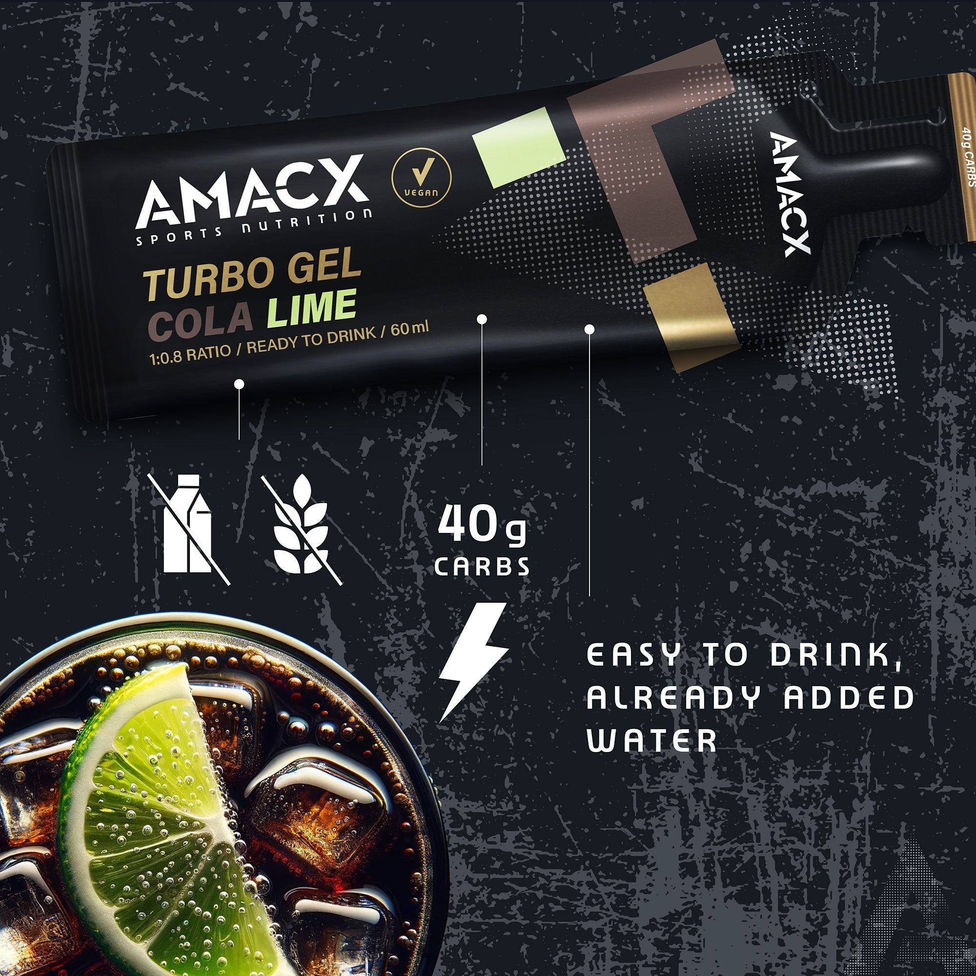 Amacx Turbo Gel Cola Lime energy gel tube with text highlighting 40g carbs and easy to drink with added water.