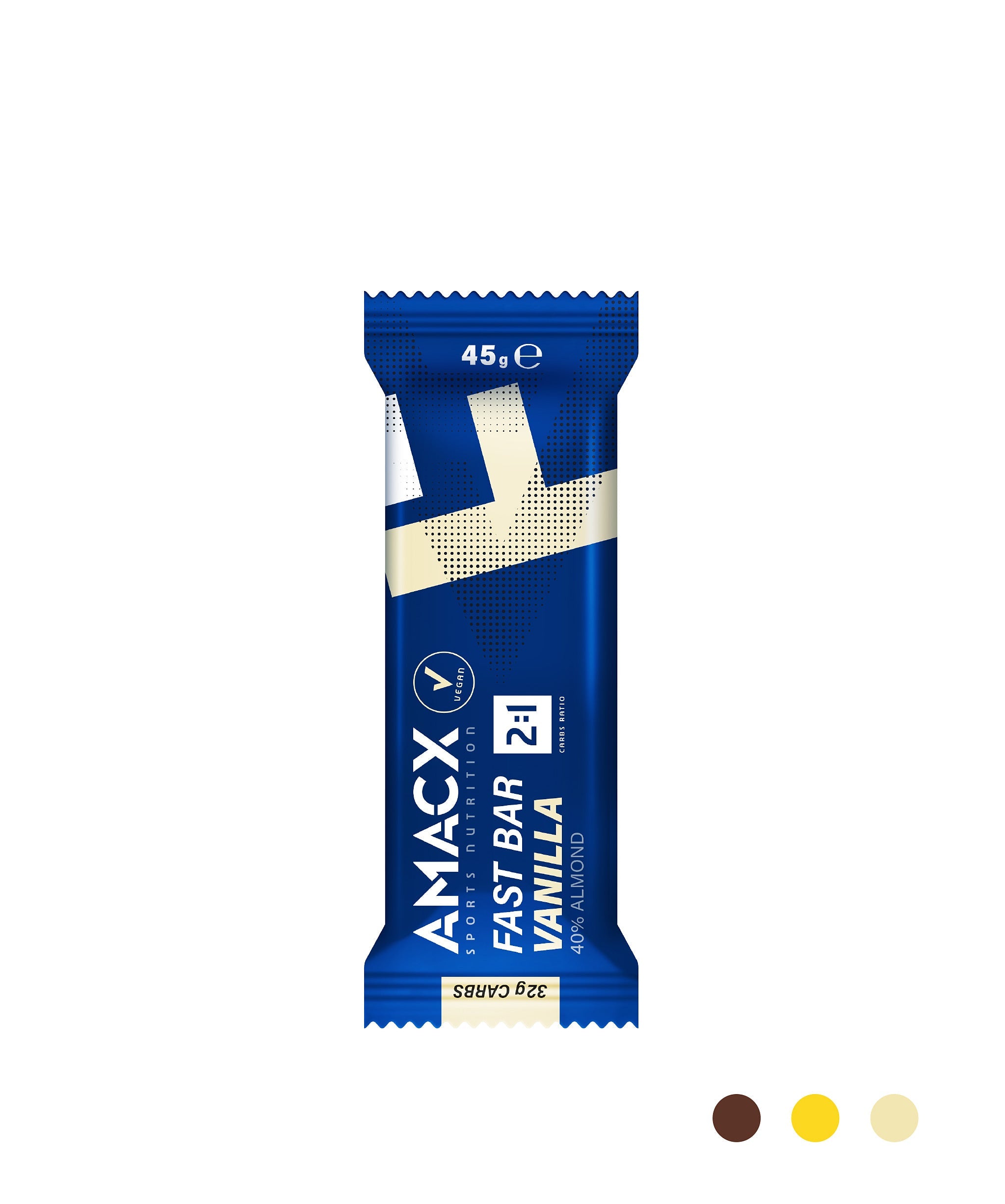 Fast Bar Vanilla | 12 pack single bar image in portrait orientation with clear blue packaging and product details visible