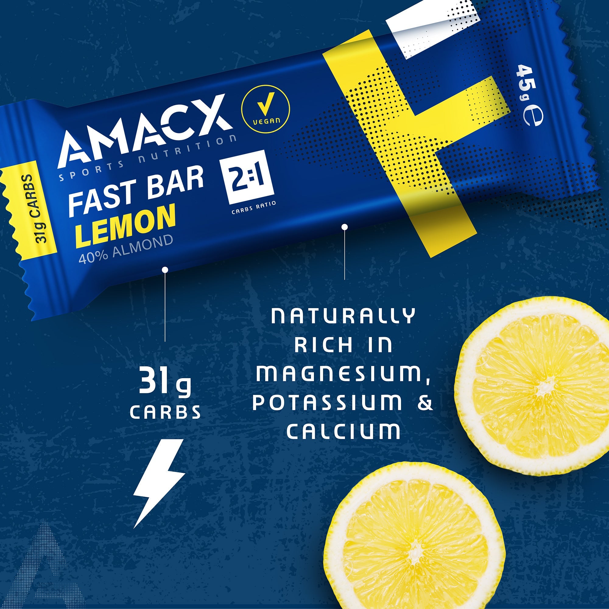 Amacx Fast Bar Lemon energy bar with 31g carbs, lemon slices, highlighting magnesium, potassium, and calcium content