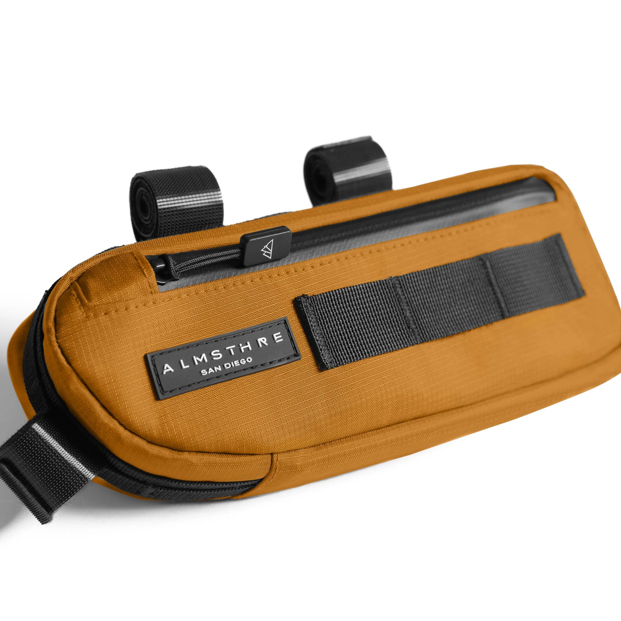 ALMSTHRE Compact Frame Bag in brown with black straps and weather-resistant zipper on white background