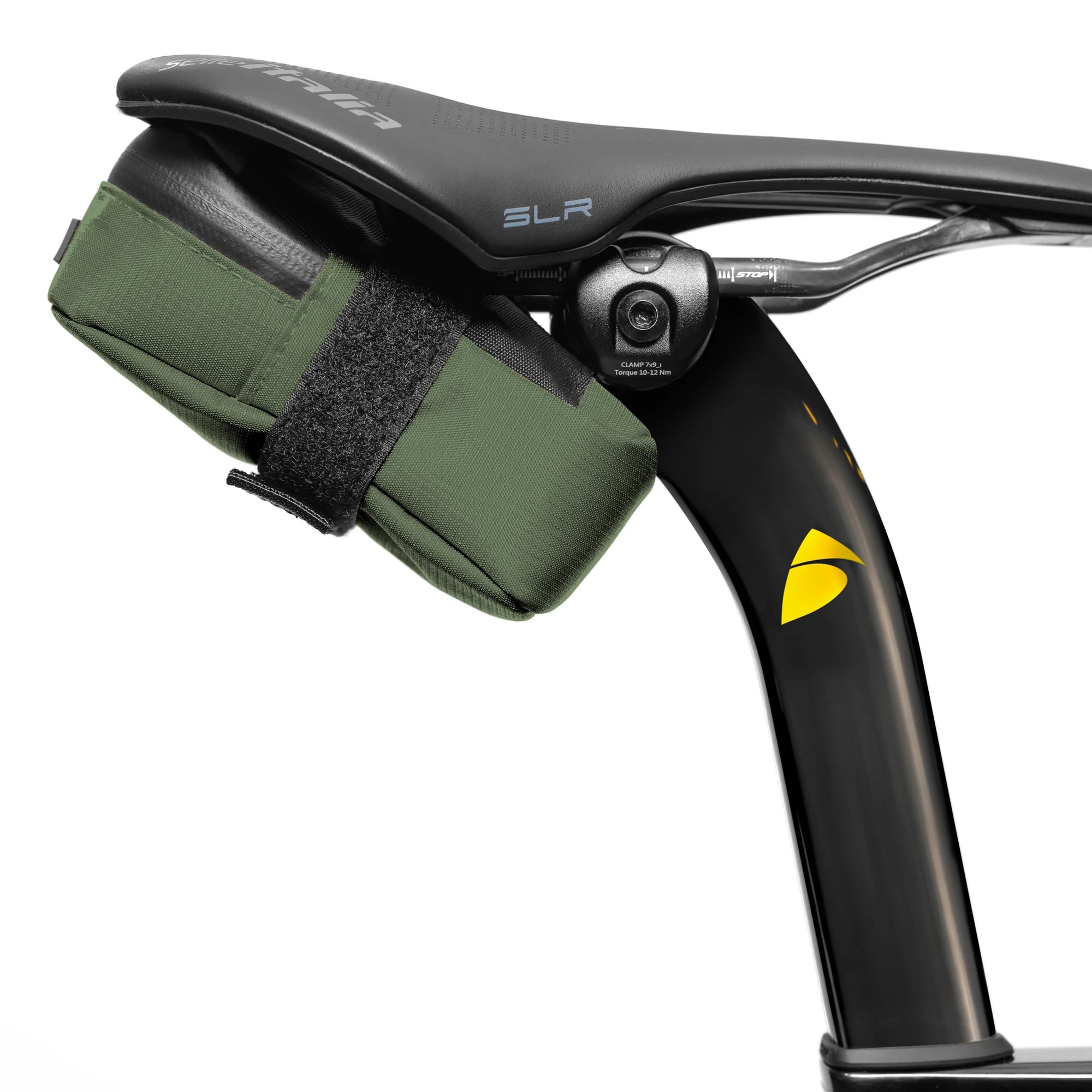 ALMSTHRE Signature Saddle Bag in green attached under bike seat with adjustable strap and reinforced wear points