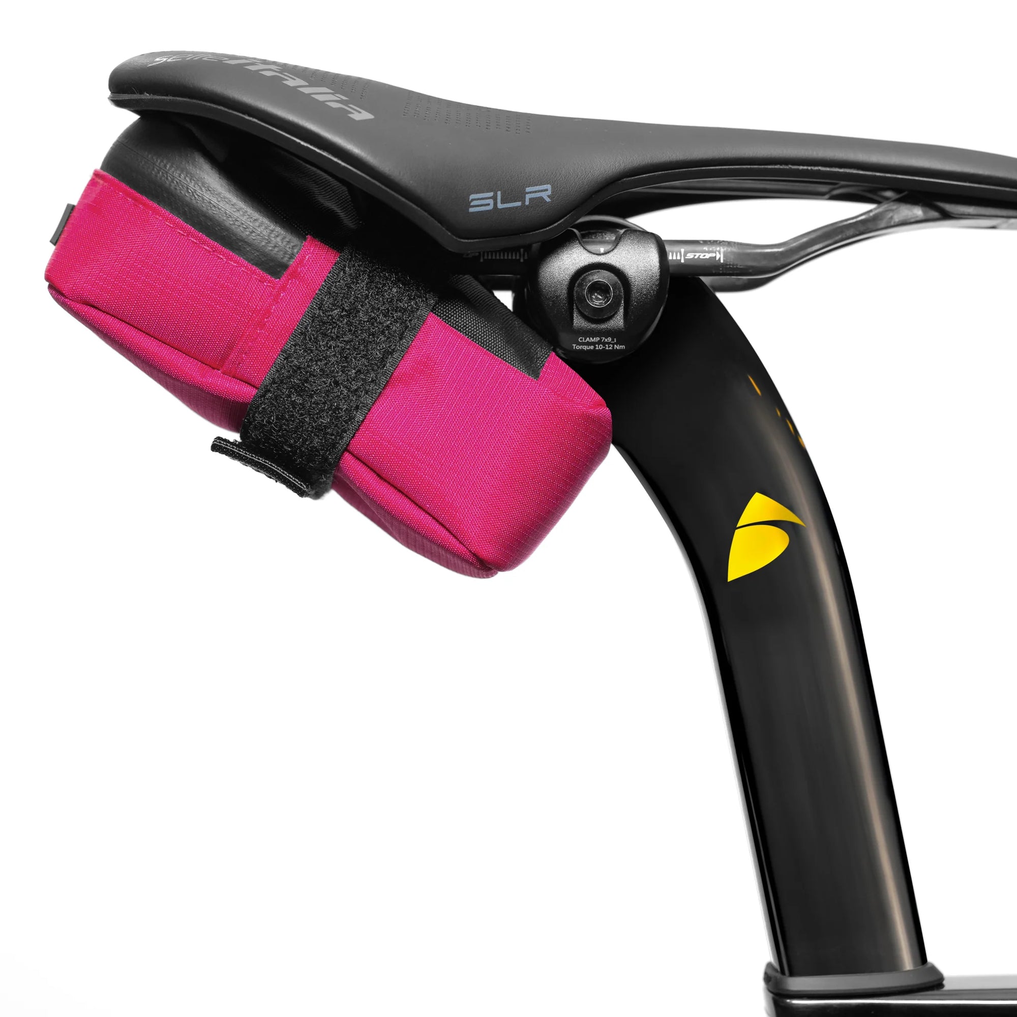 ALMSTHRE Signature Saddle Bag in red attached under bike seat with adjustable strap for secure fit and easy access storage