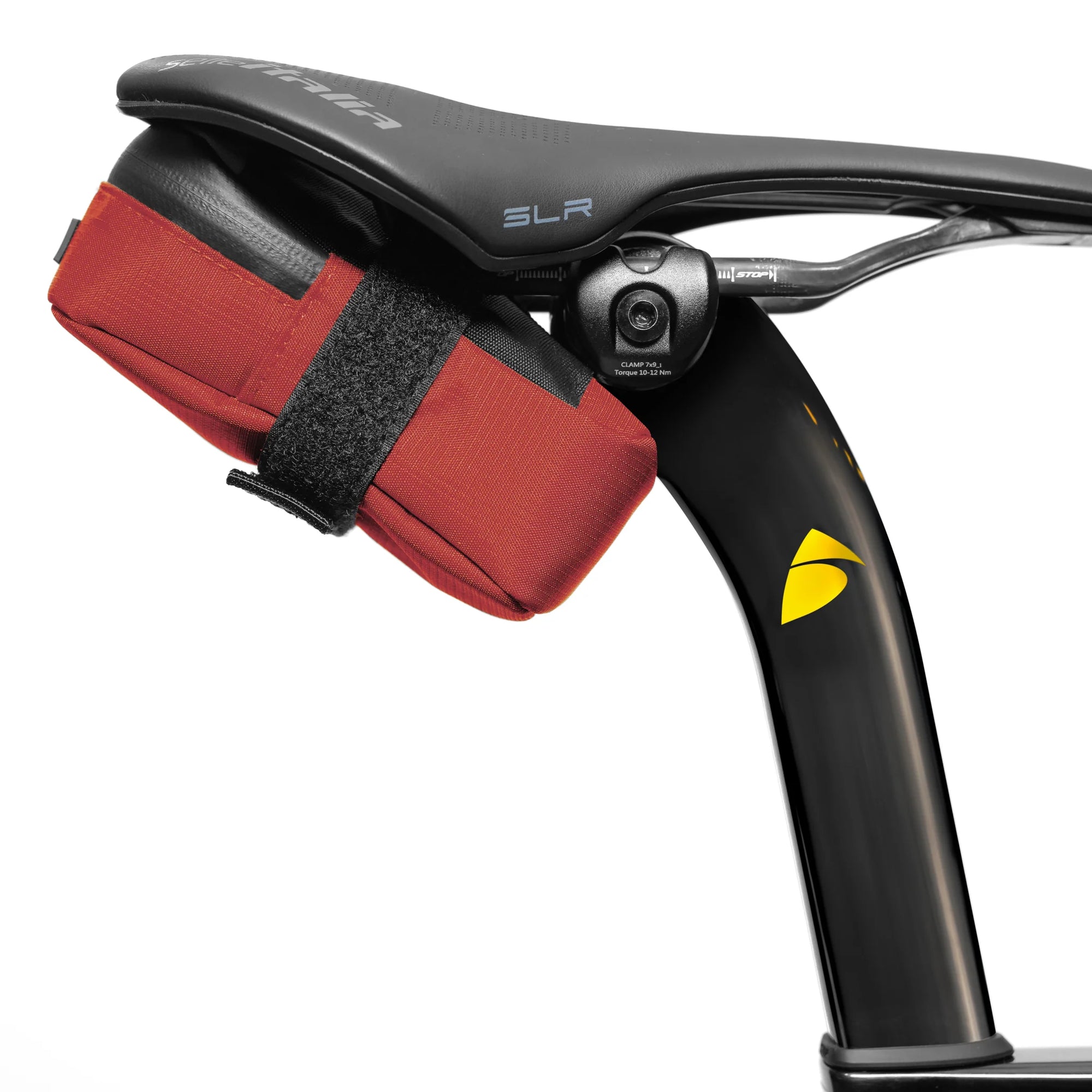 ALMSTHRE Signature Saddle Bag in red attached under bike seat with adjustable seat rail strap for secure fit