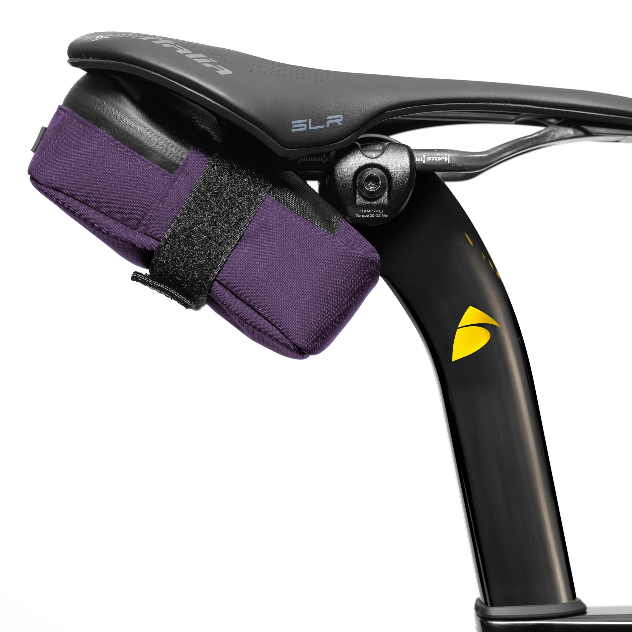 ALMSTHRE Signature Saddle Bag attached under bike seat with adjustable strap in purple and black design
