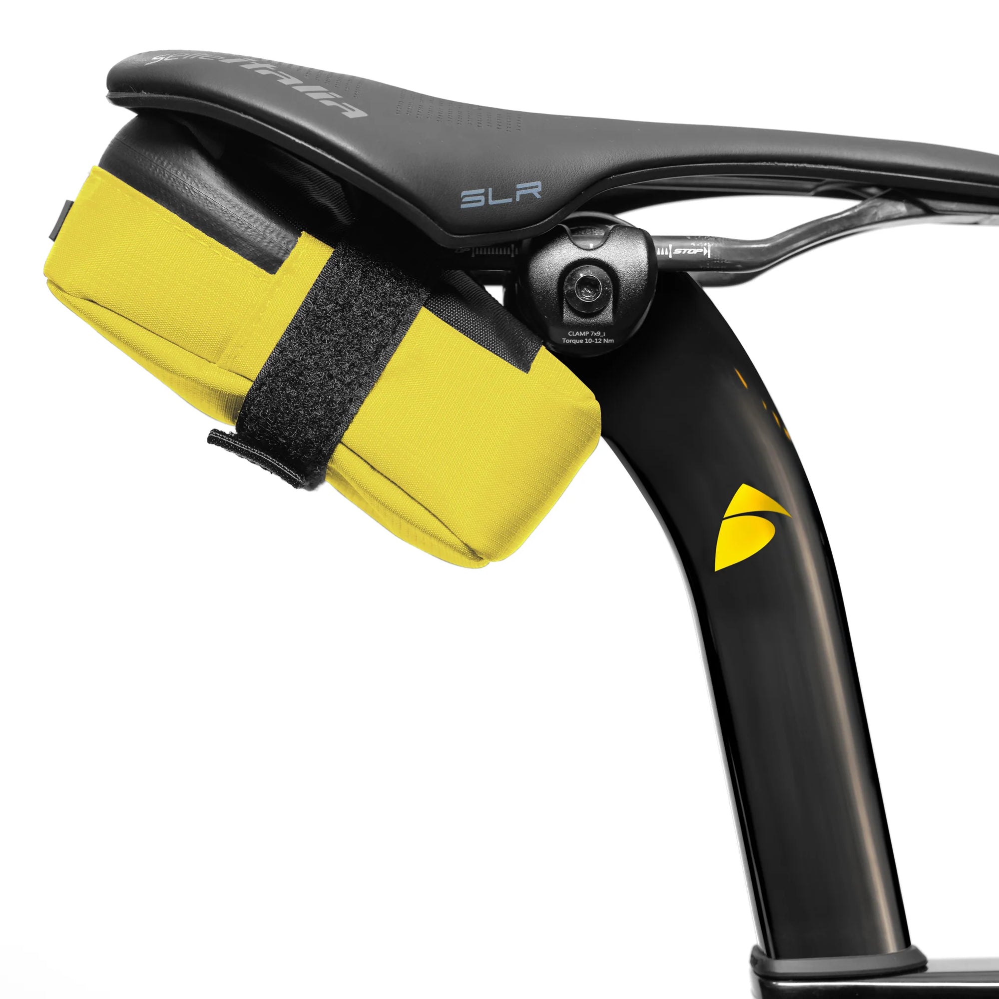 ALMSTHRE Signature Saddle Bag in yellow attached under bike seat with adjustable seat rail strap for secure fit