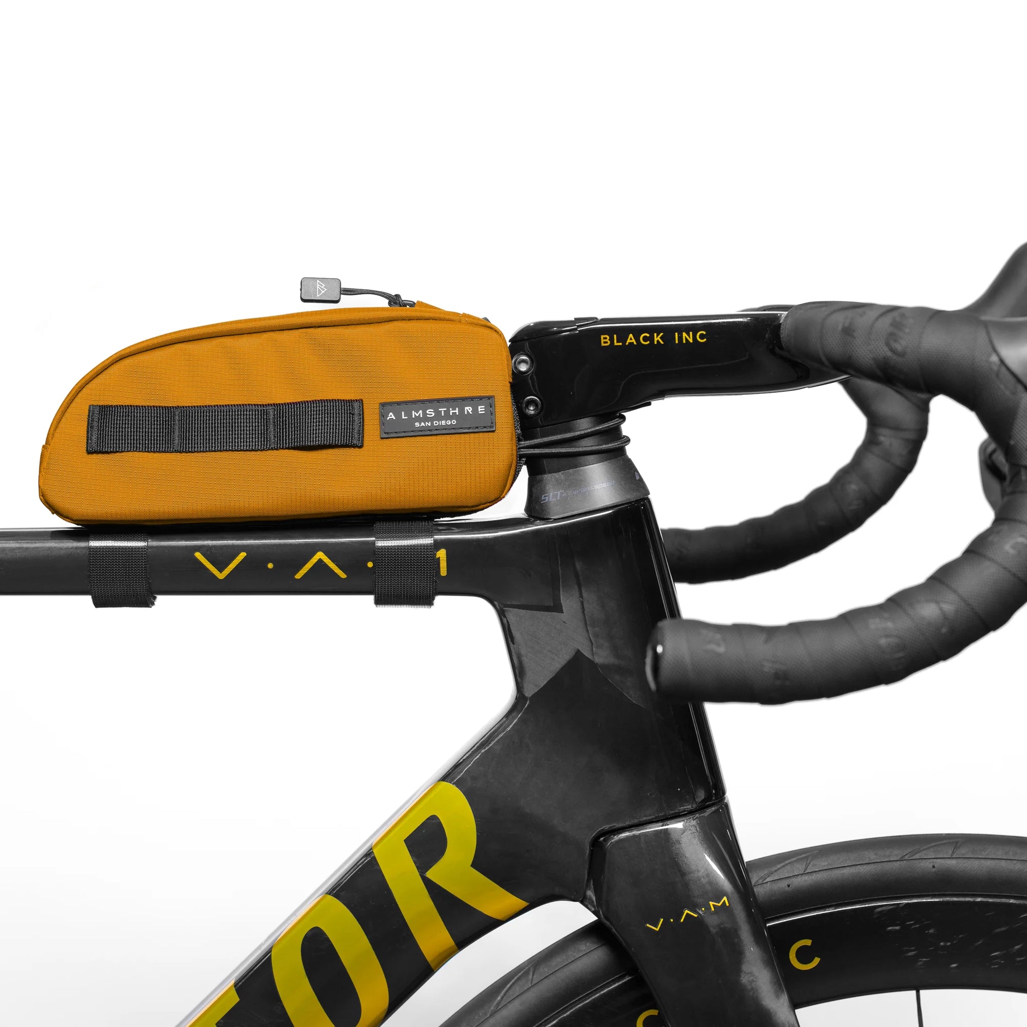 ALMSTHRE Top Tube Bag mounted on bike frame top tube with zipper and side strap visible