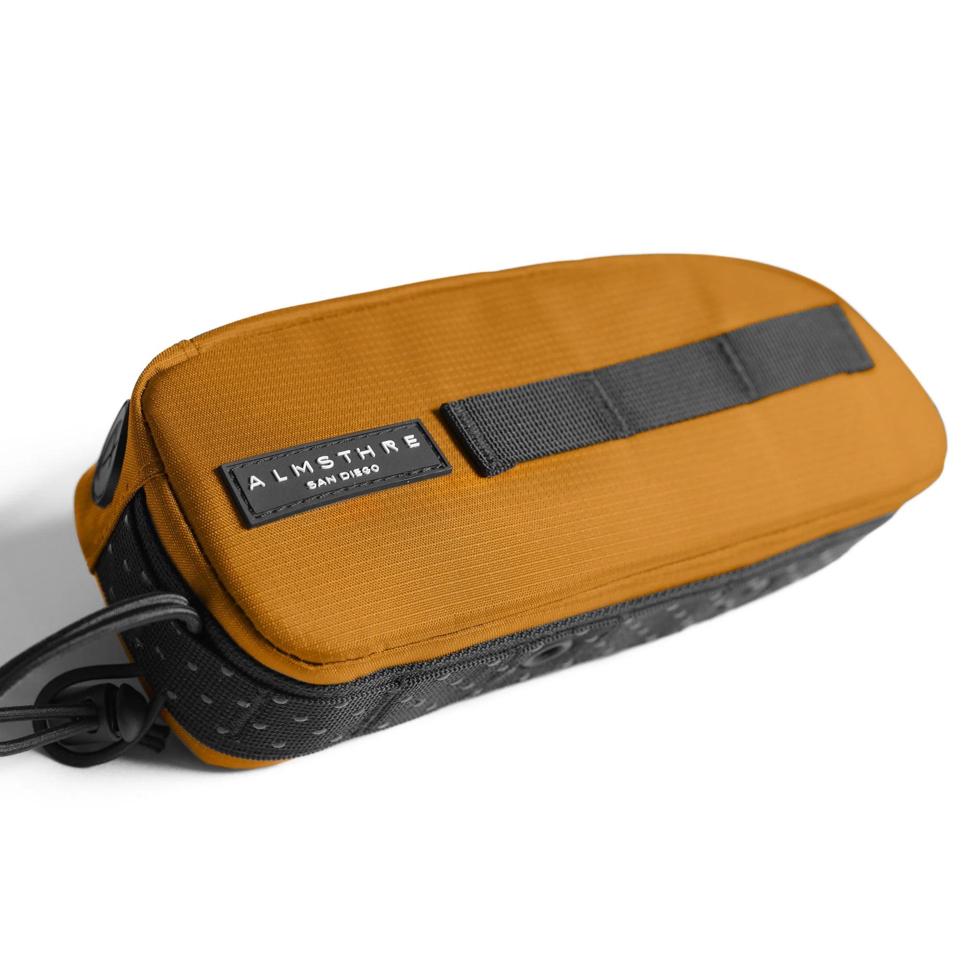 ALMSTHRE Top Tube Bag in mustard yellow with black straps and durable ripstop fabric for bike storage