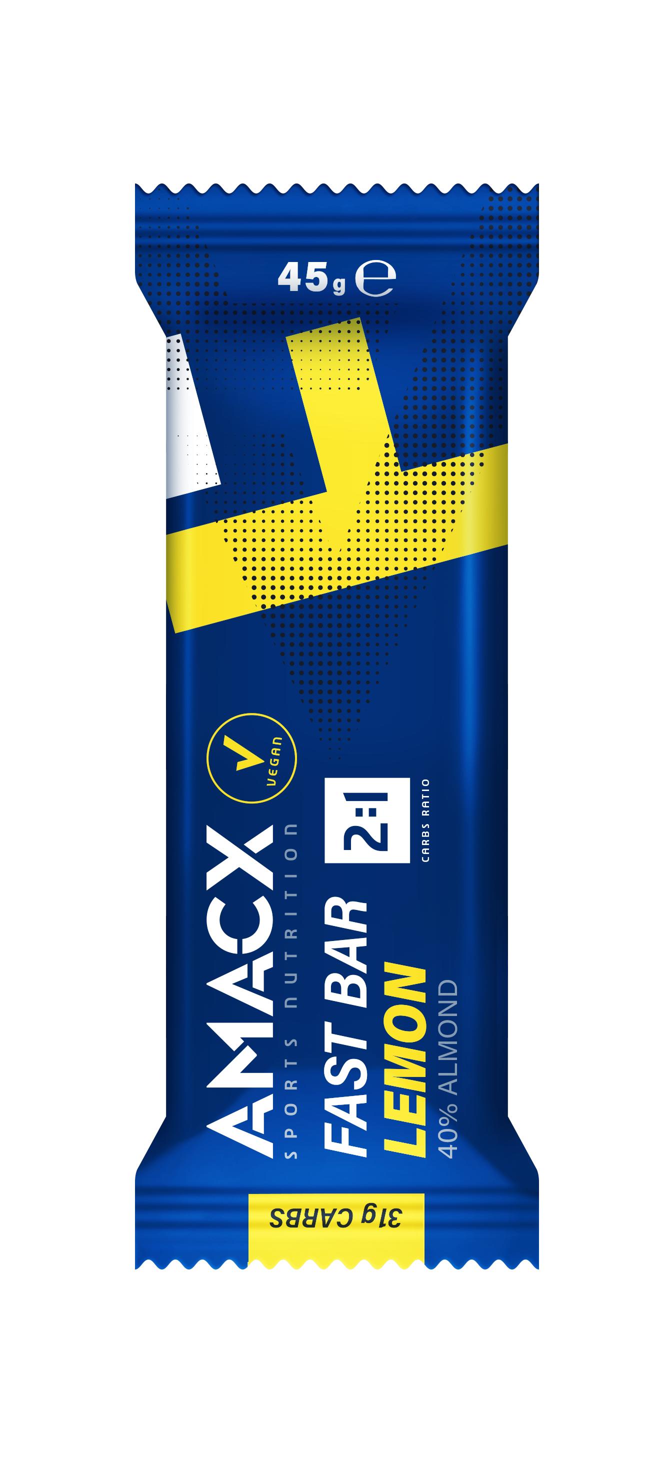 Amacx Fast Bar Lemon in blue packaging highlighting lemon flavor and 40% almond content with vegan and nutrition details.