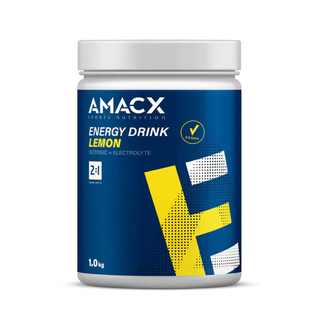 Amacx Energy Drink | 1.0 kg lemon flavored isotonic and electrolyte drink mix container with blue and yellow design