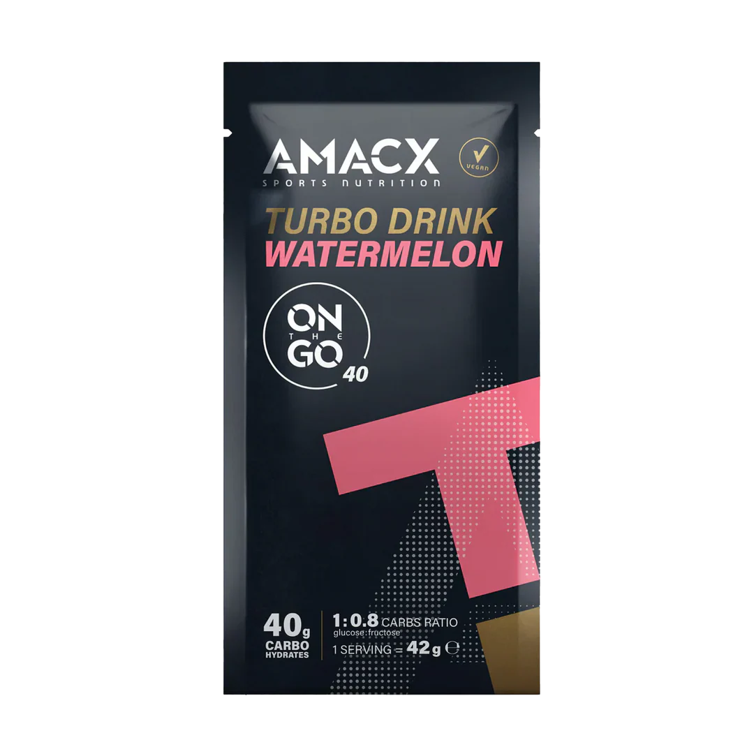 Amacx Turbo Drink On The Go Watermelon energy supplement packet with black and pink design details