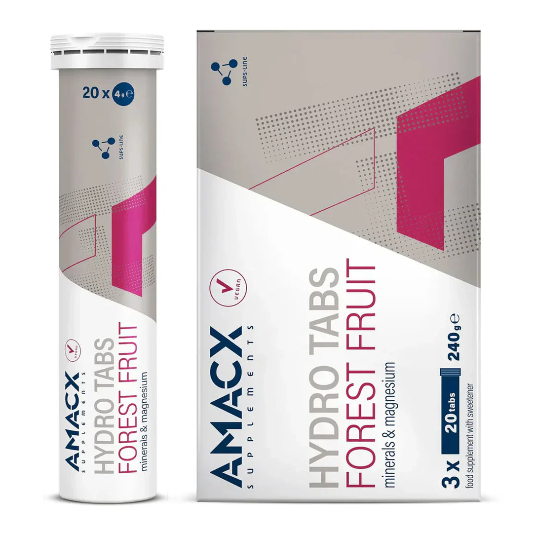 Amacx Hydro Tabs Forest Fruit box and container with minerals and magnesium supplements in white and pink packaging