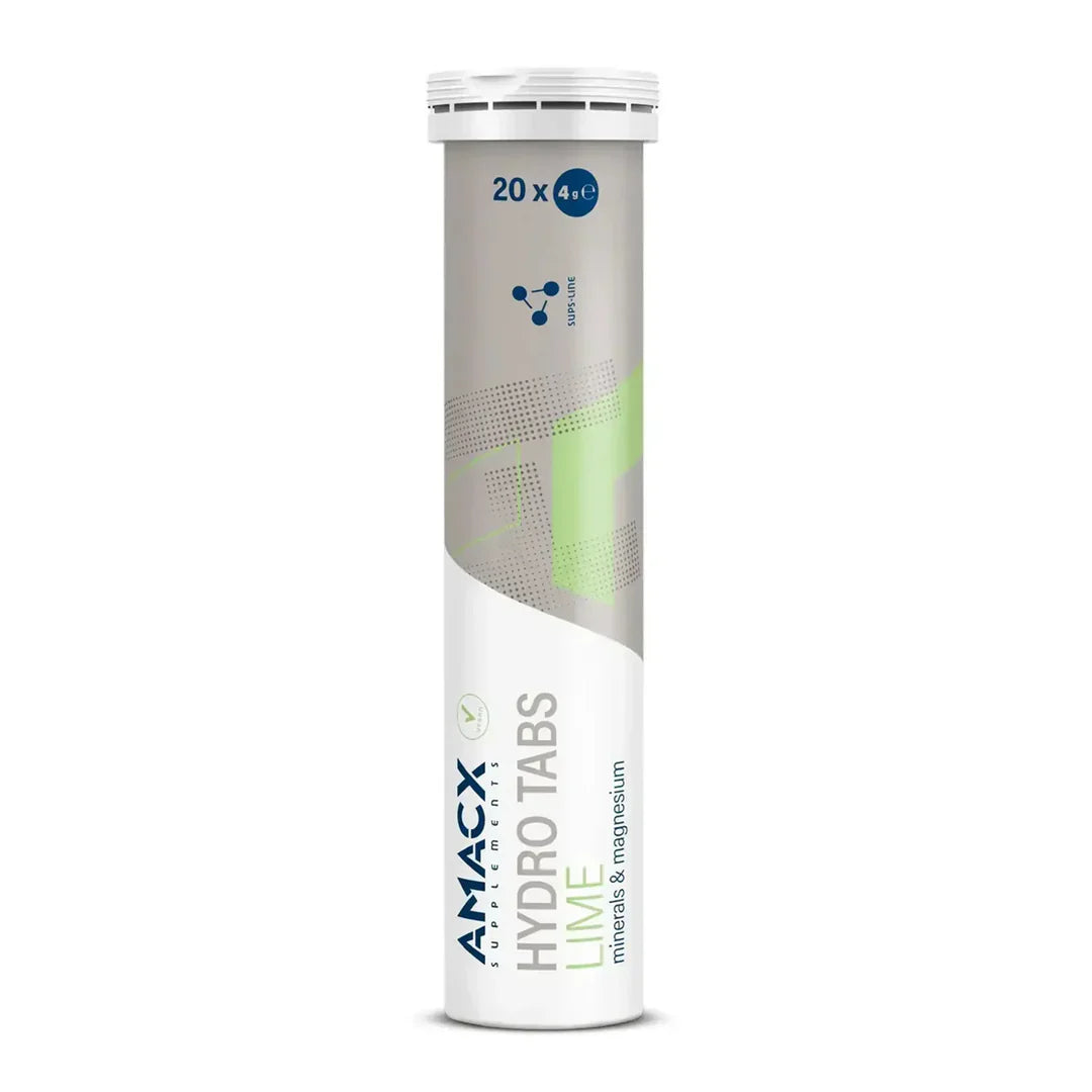Tube container of Amacx Hydro Tabs Lime dietary supplement with minerals and magnesium.