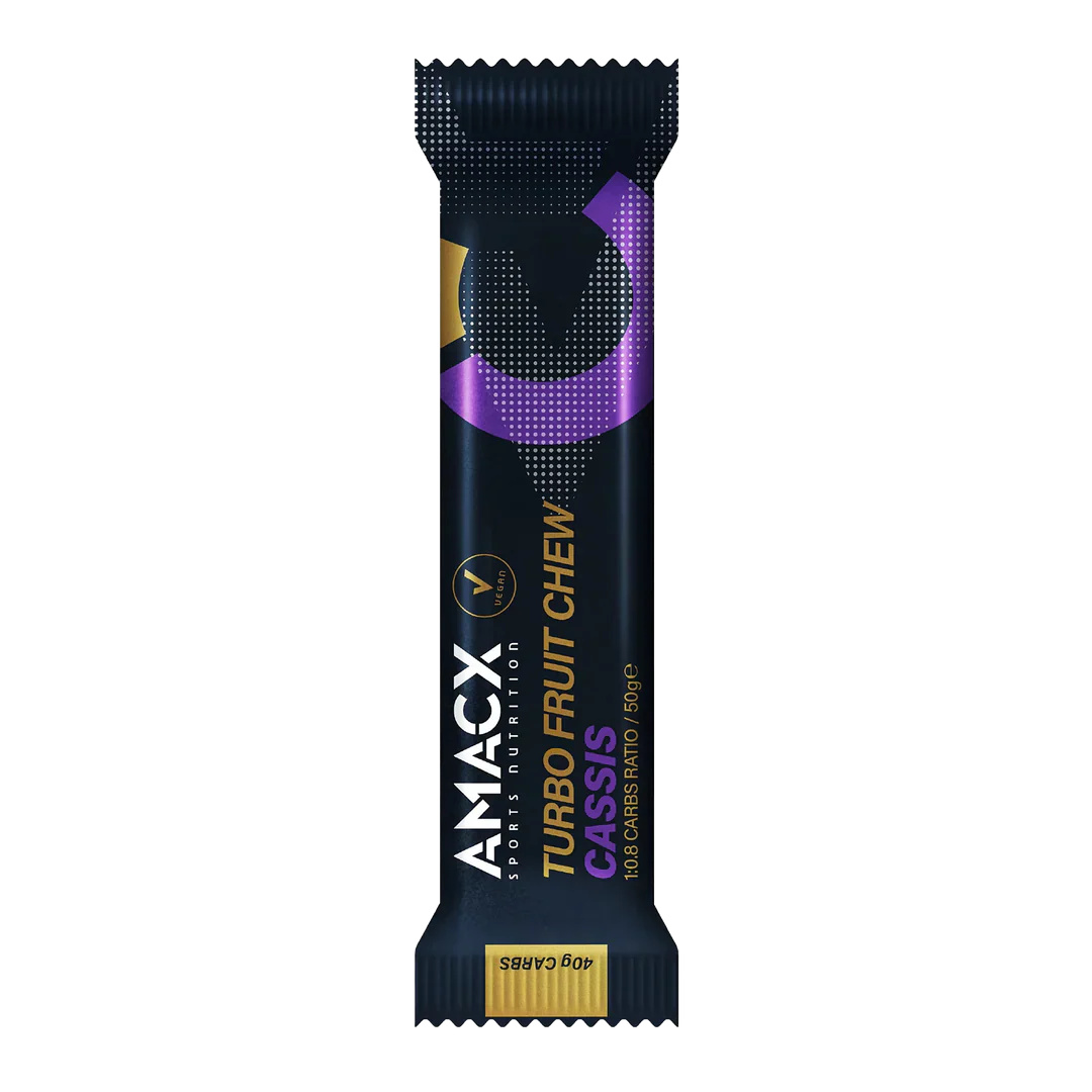 Amacx Turbo Fruit Chew Cassis energy chew bar with black and purple packaging for sports nutrition