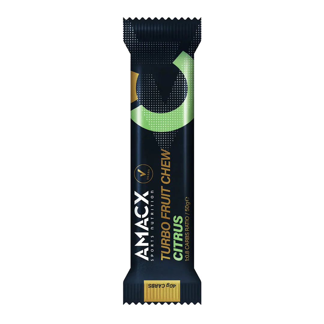 Amacx Turbo Fruit Chew Citrus energy bar in black packaging with green and gold accents for sports nutrition