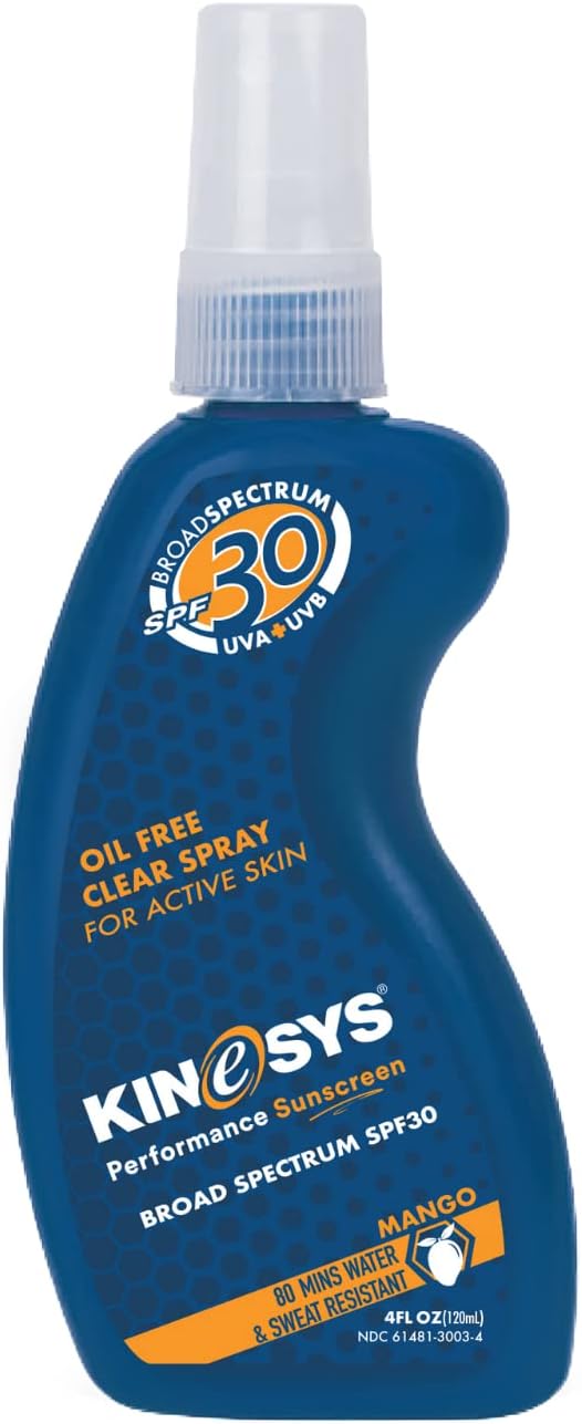KINeSYS SPF30 Mango Spray Sunscreen 120ml in blue bottle with clear spray for active skin and sweat resistance