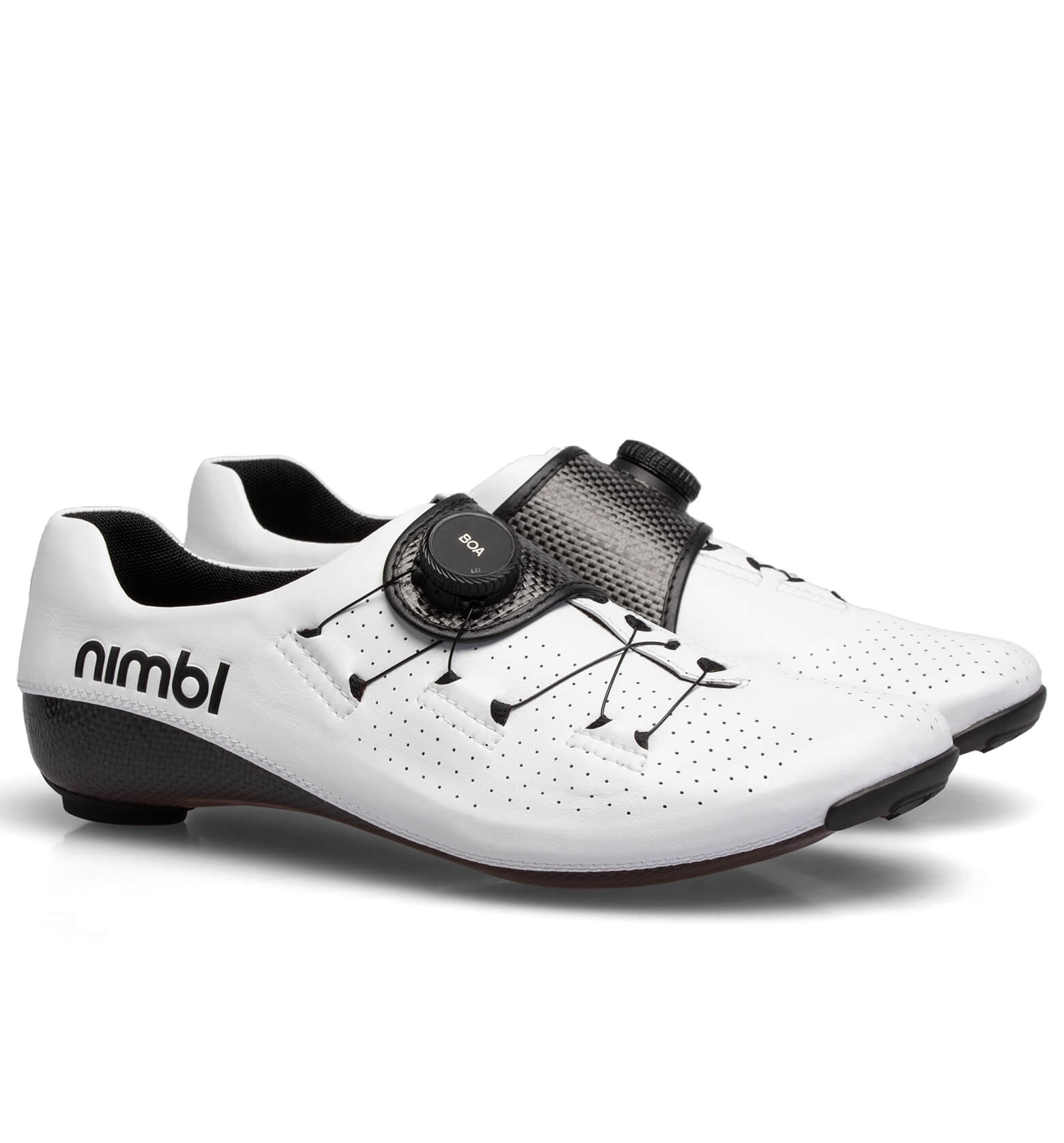 Side view of white Nimbl FEAT Ultimate cycling shoes with perforated upper and BOA dial closure system
