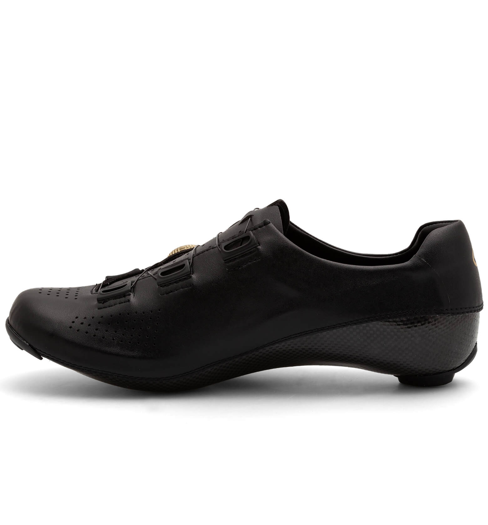 Side view of black Nimbl ULTIMATE cycling shoe with sleek design and secure closure straps against white background