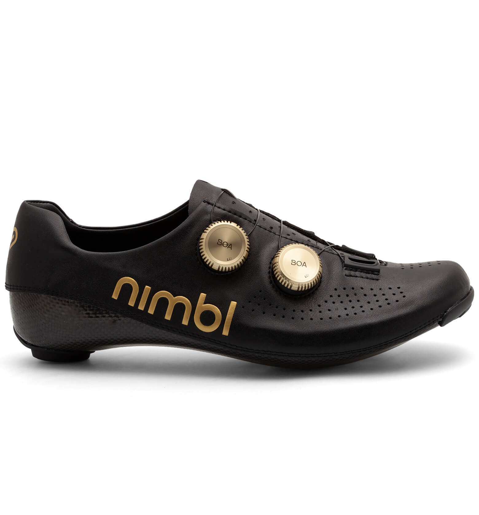 Side view of black Nimbl ULTIMATE cycling shoe with dual BOA dials and perforated upper for ventilation
