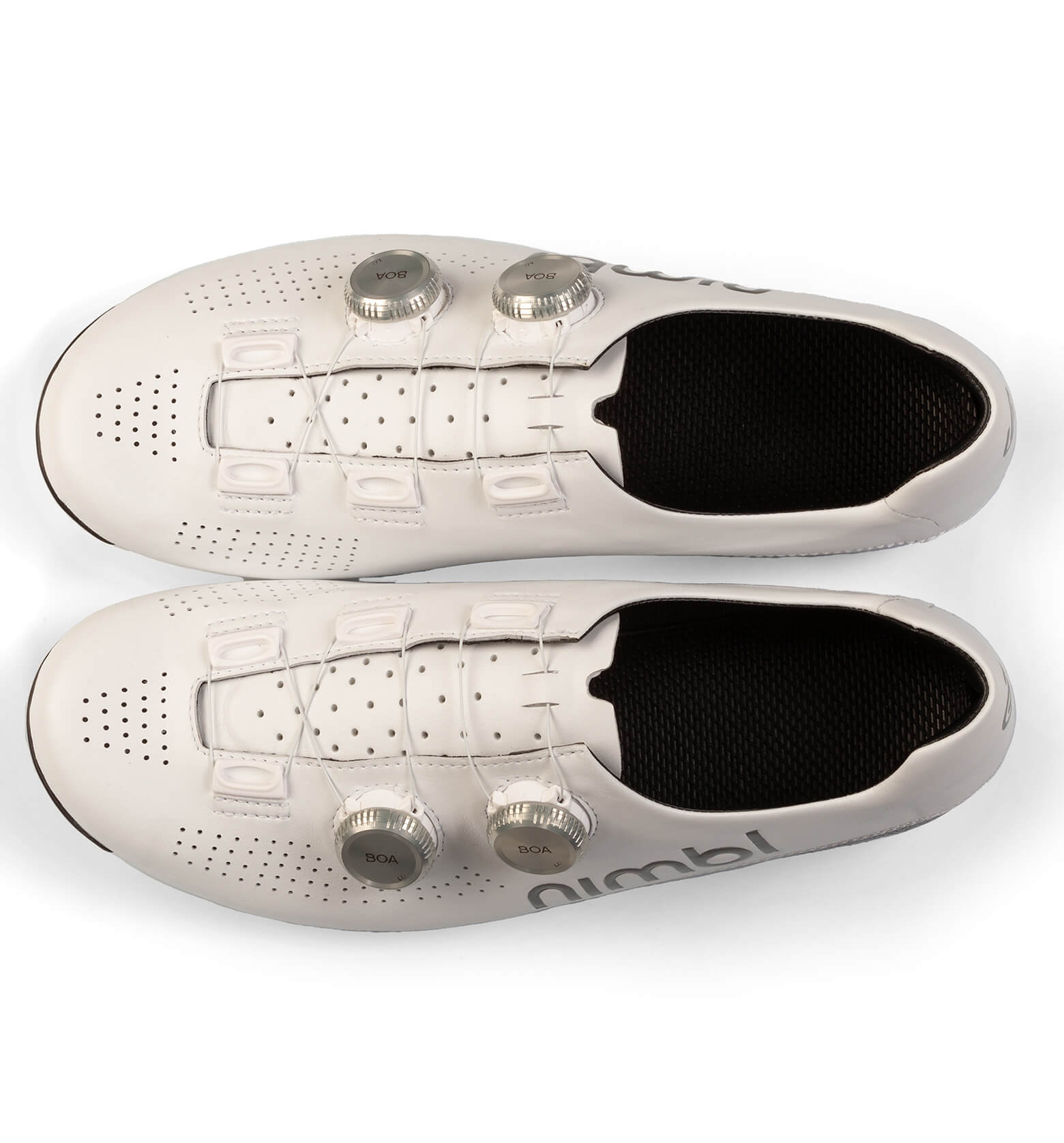 Top view of white Nimbl ULTIMATE cycling shoes with dual BOA dials and perforated upper for ventilation