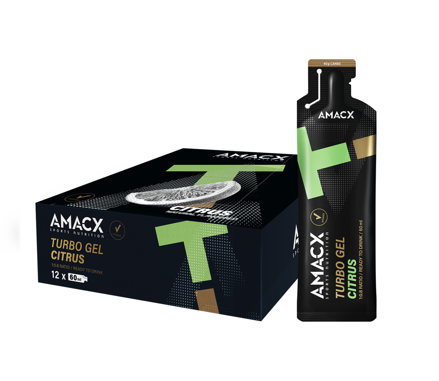 AMACX Turbo Gel Citrus energy gel packet and box with citrus flavor, designed for quick fuel and endurance boost