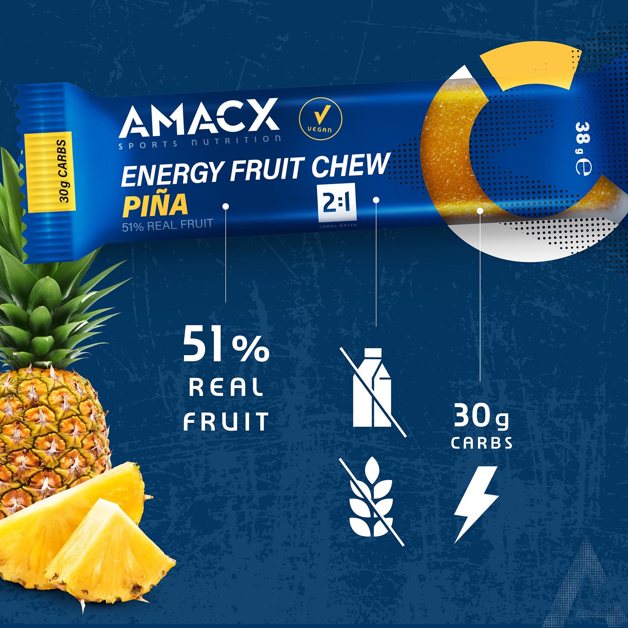 Energy Fruit Chew Piña | 12 pack in gallery position 5, showcasing 51% real fruit and 30g carbs on blue background