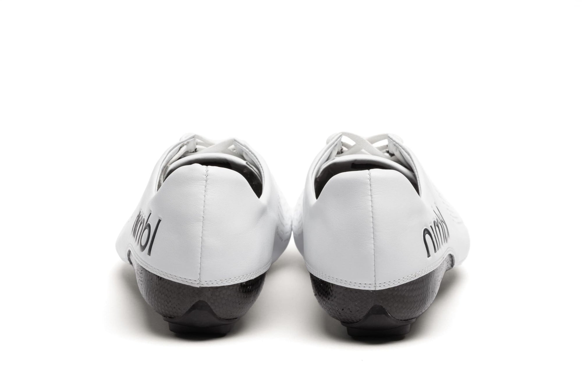 Rear view of Nimbl AIR cycling shoes in white with sleek heel and minimalist design for climber efficiency