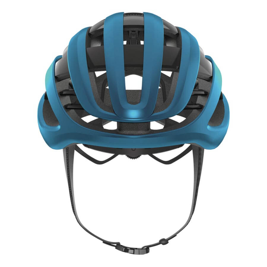 Front view of ABUS AirBreaker Helmet in blue with aerodynamic vents and adjustable chin strap for cycling safety and comfort