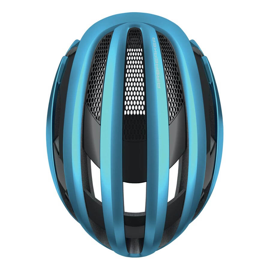 Top view of blue ABUS AirBreaker Helmet showing ventilation channels and aerodynamic design details