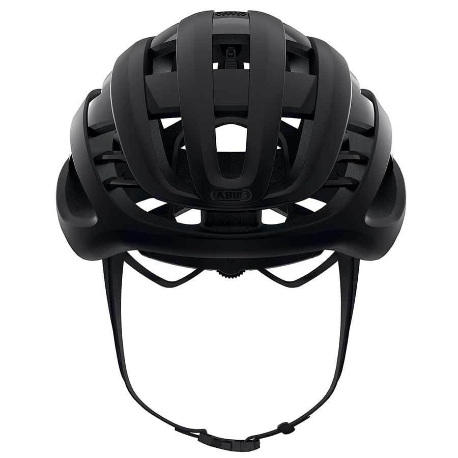 Front view of black ABUS AirBreaker Helmet showing aerodynamic vents and adjustable chin strap design