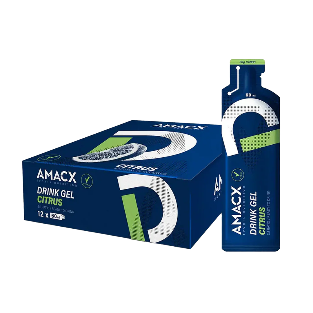 Amacx Drink Gel Citrus box and single sachet with citrus flavor energy gel in blue packaging