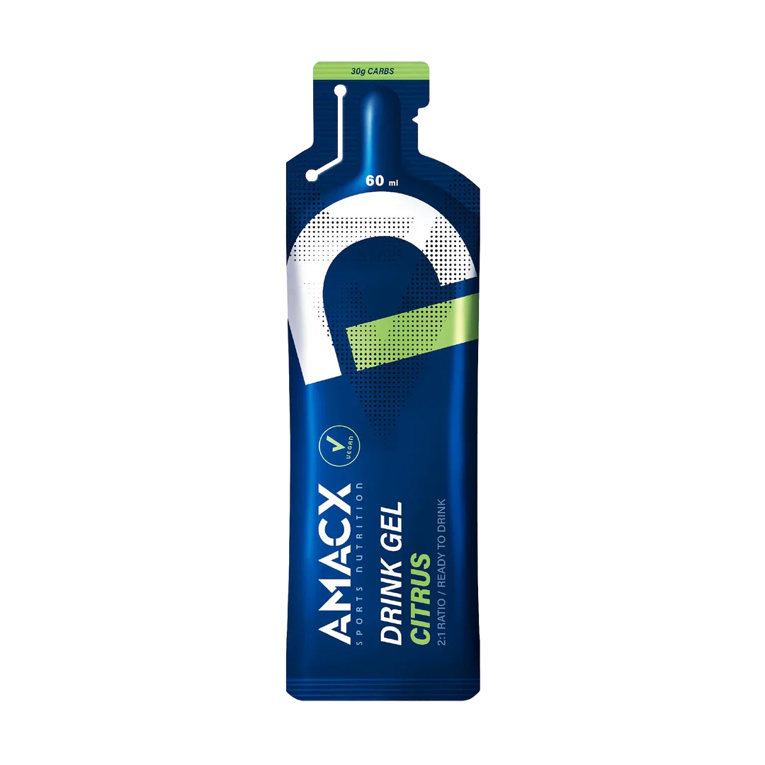 Amacx Drink Gel Citrus in a blue packet designed for quick energy and hydration during sports activities