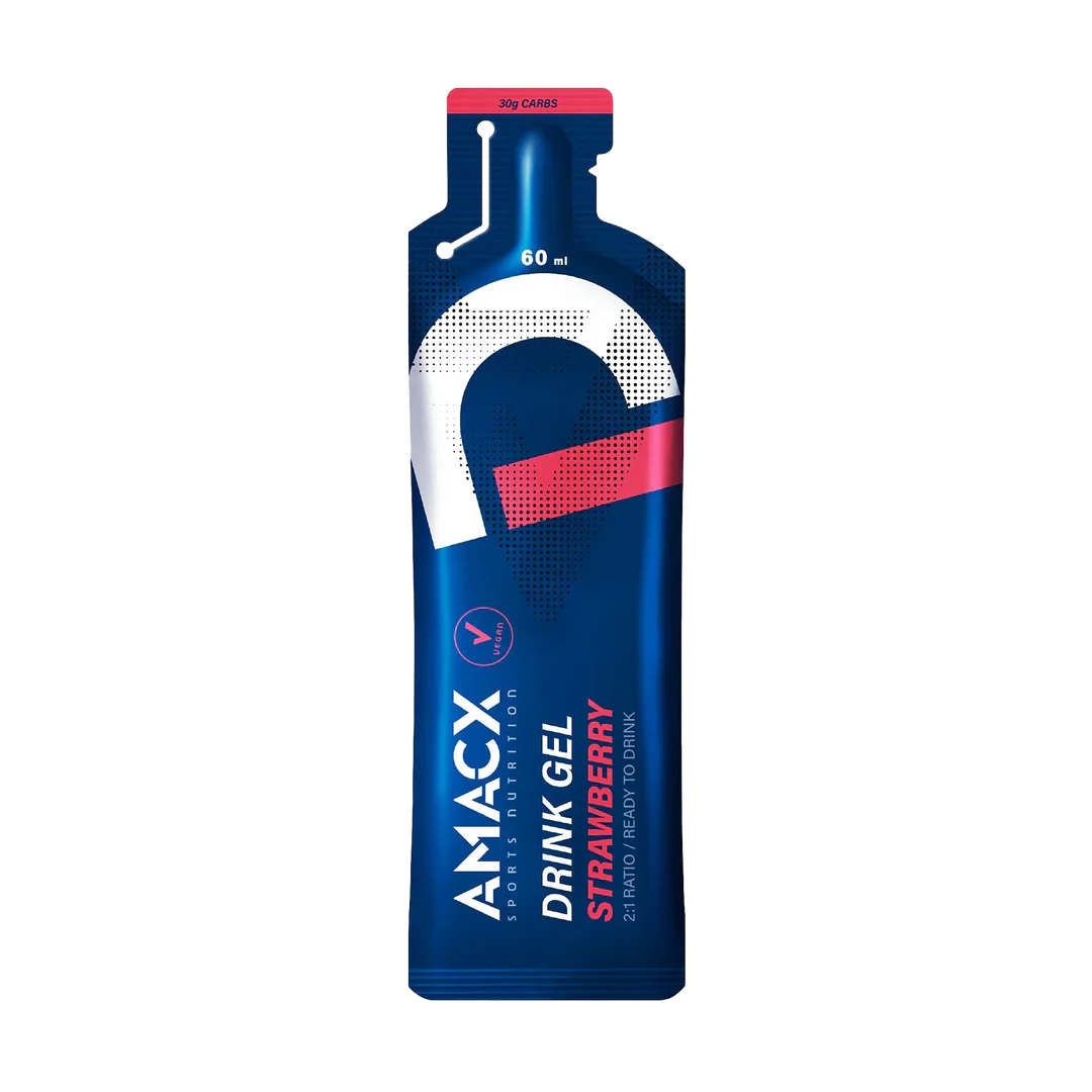 Blue and red pouch of Amacx Drink Gel Strawberry energy gel with branding and nutritional markings on front