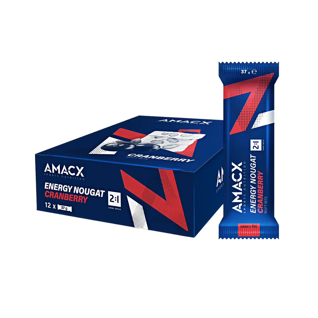 Blue and red packaging box and bar of Amacx Energy Nougat Cranberry energy snack with cranberry illustration