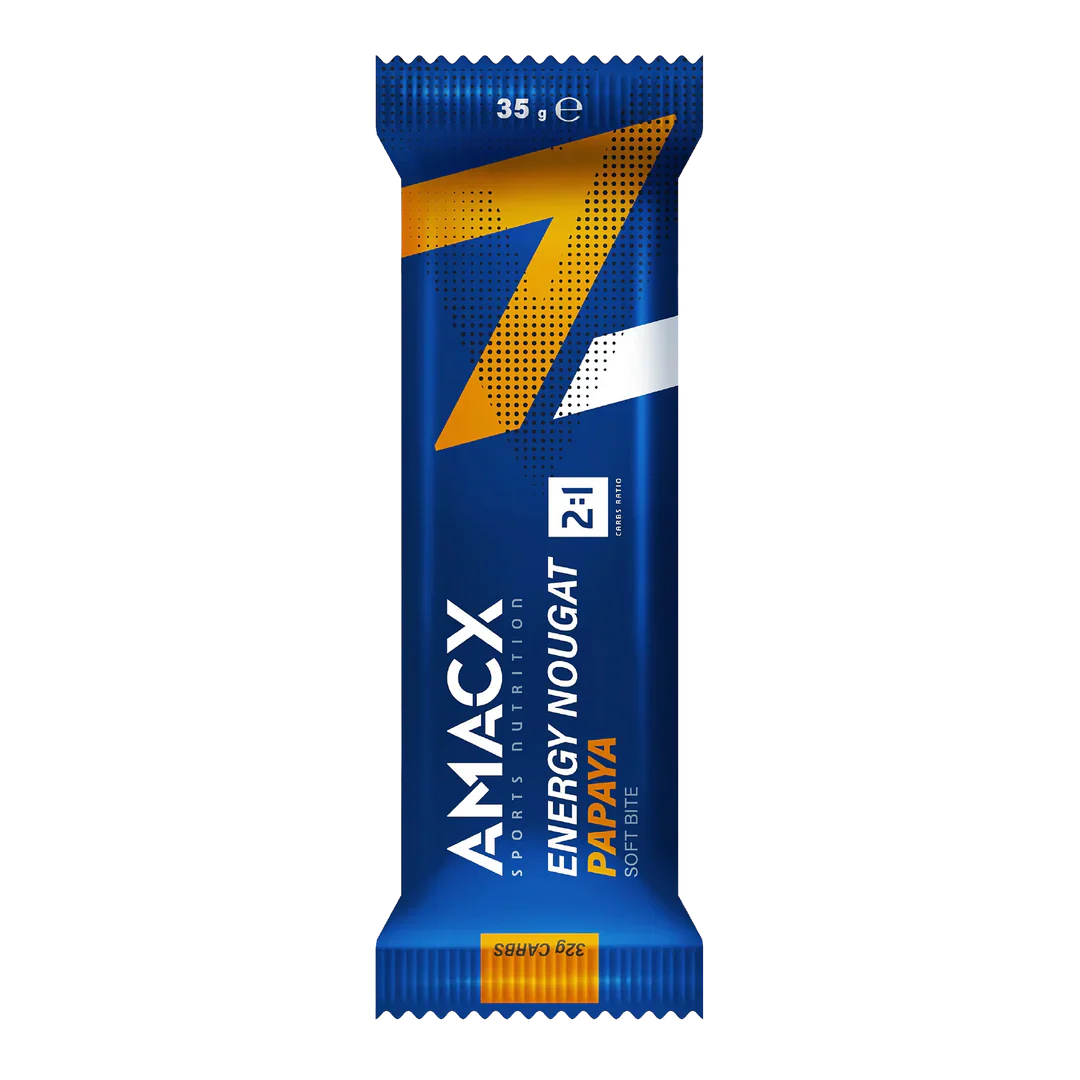 Amacx Energy Nougat Papaya energy bar with blue and orange packaging, 35g soft bite for sports nutrition