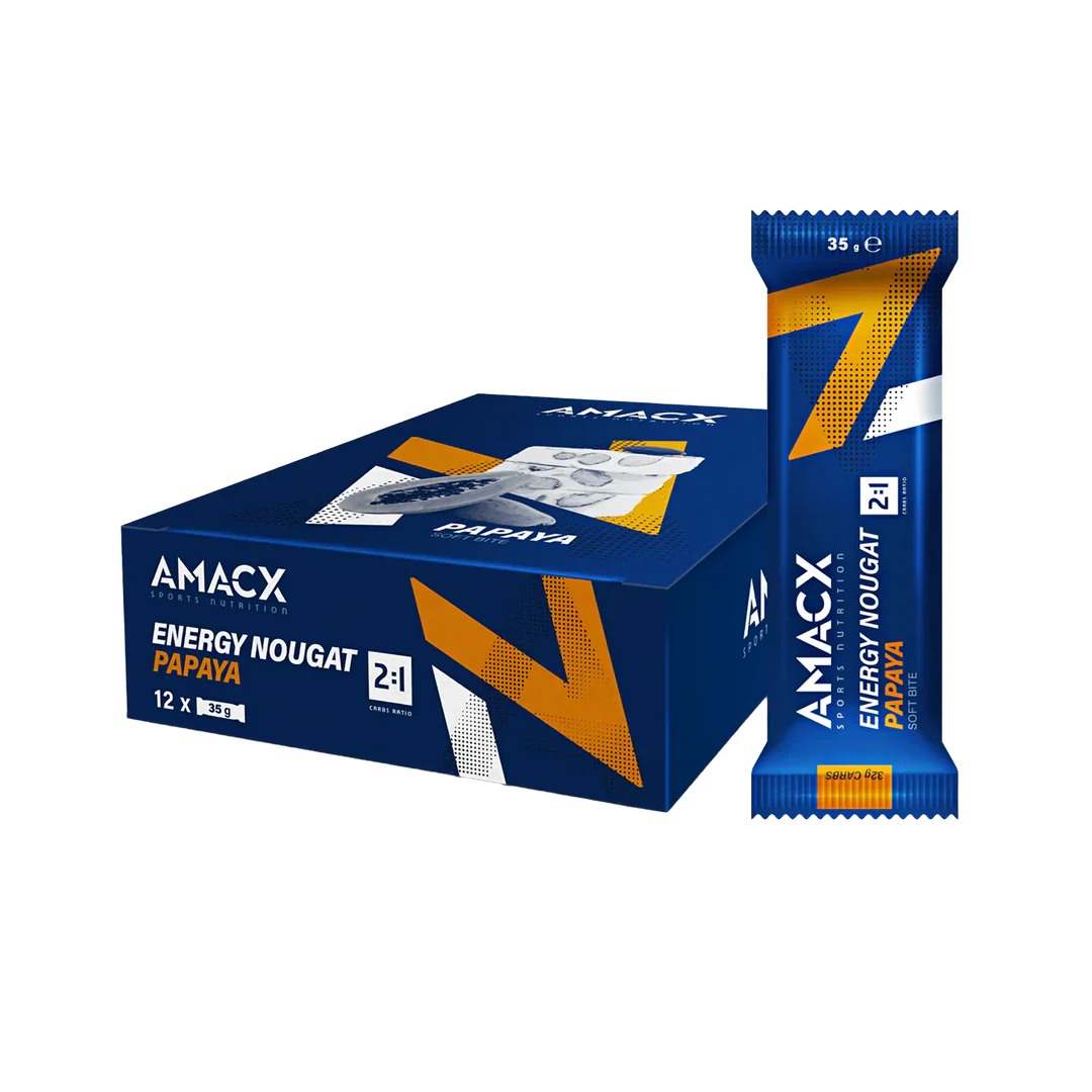 Amacx Energy Nougat Papaya energy bar packaging with a blue and orange color scheme displayed in a box and single bar wrapper