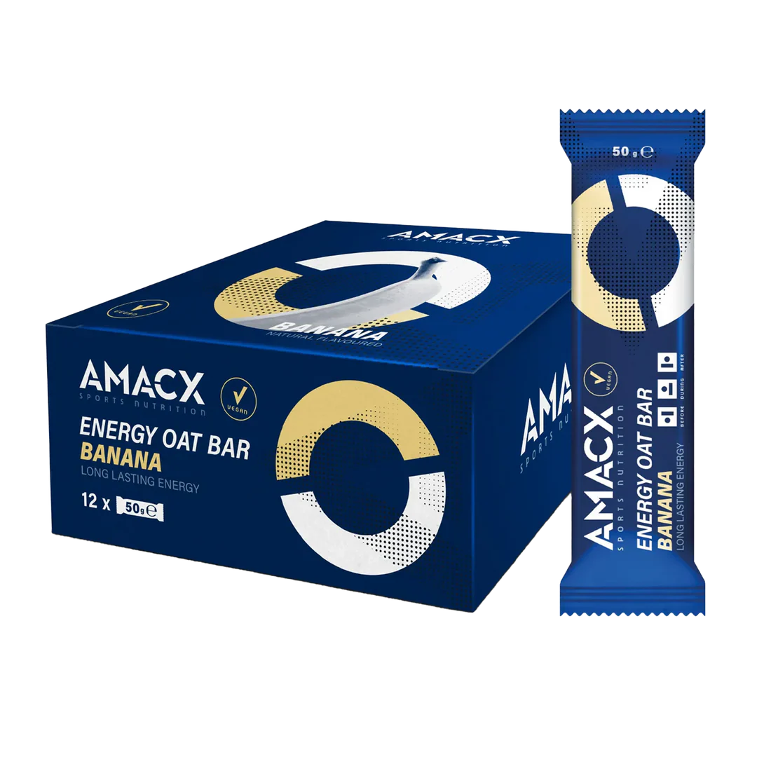 Blue packaging box and bar of Amacx Energy Oat Bar Banana providing long lasting energy and vegan snack option