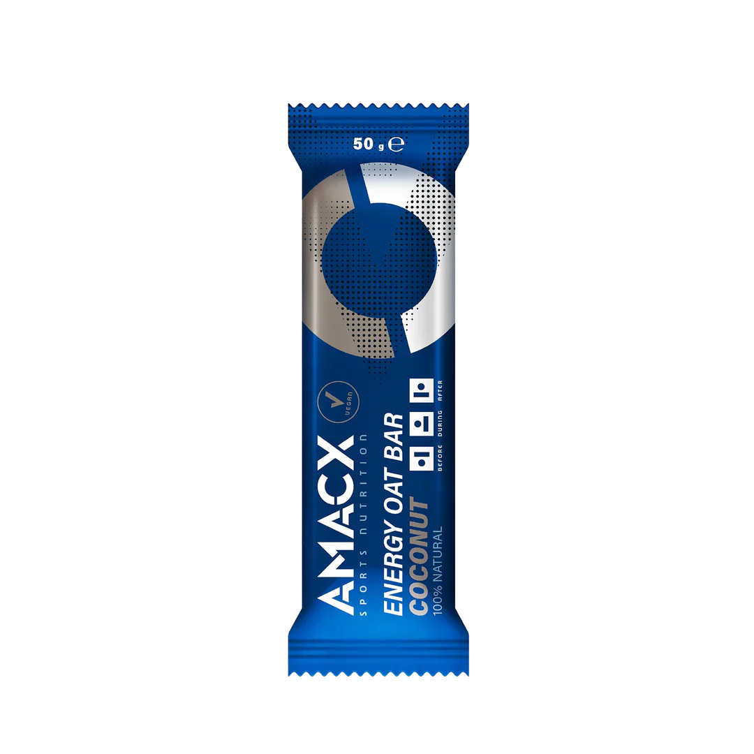 Amacx Energy Oat Bar Coconut in blue packaging designed for nutrition and energy boost.