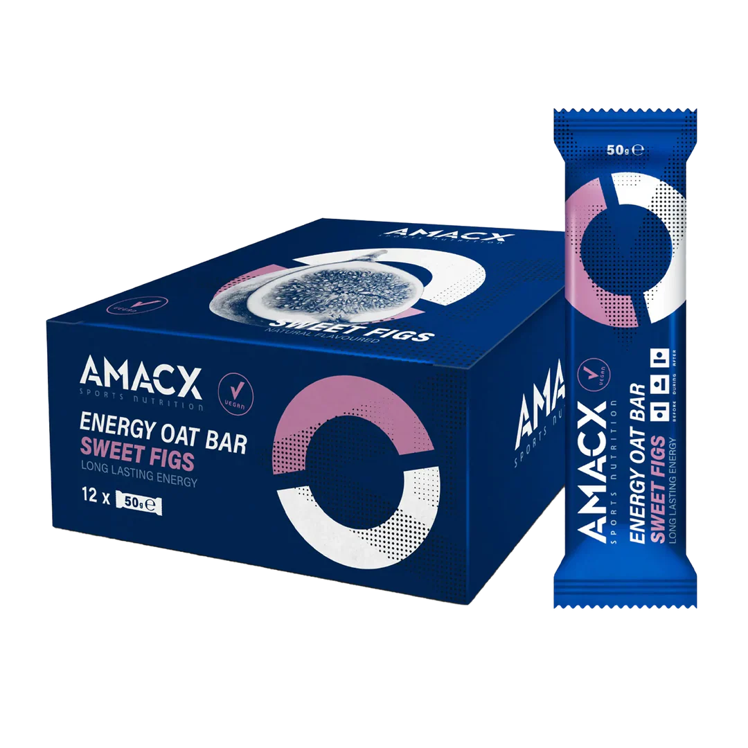 Blue box and bar packaging for Amacx Energy Oat Bar Sweet Figs with pink and white circular design accents.