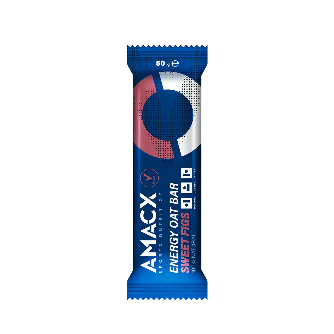 Amacx Energy Oat Bar Sweet Figs in blue packaging with bold text and red and white graphic accents.
