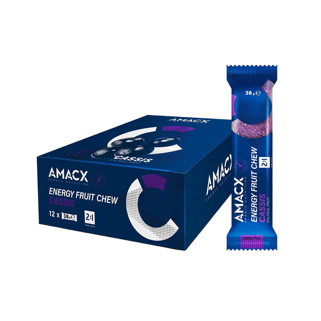 Amacx Energy Fruit Chew Cassis in blue packaging with blackcurrant flavor, showing box and single chew pack.