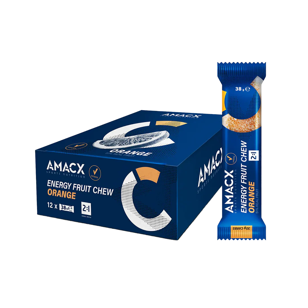 Amacx Energy Fruit Chew Orange in blue packaging with 12 packs and individual orange-flavored chew shown beside box