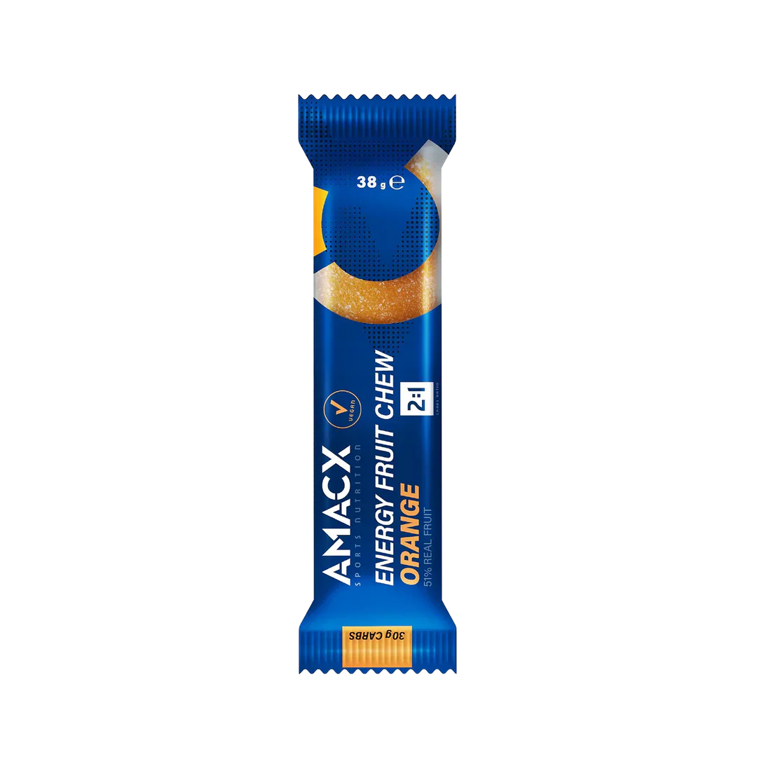 Amacx Energy Fruit Chew Orange in blue packaging with orange fruit chew candy inside the wrapper.