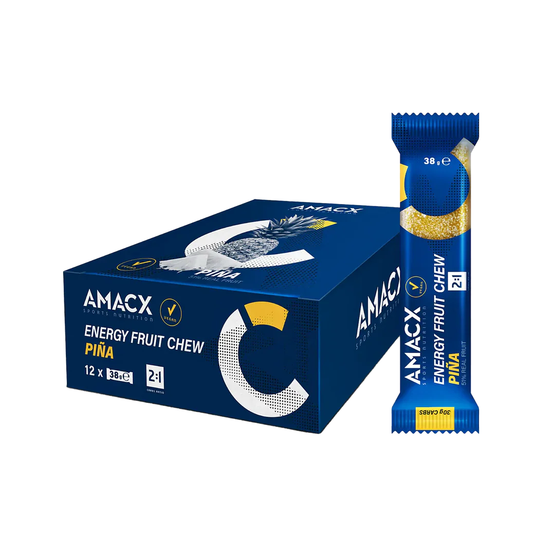 Amacx Energy Fruit Chew Piña in blue packaging with pineapple graphic, displayed as a box and single bar.
