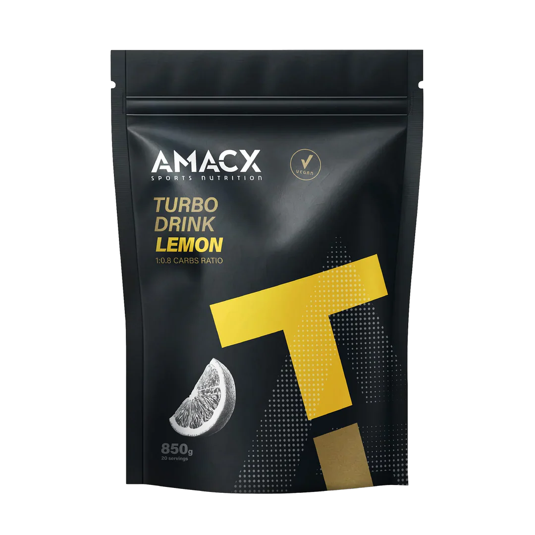 Amacx Turbo Drink Lemon black and yellow resealable pouch with lemon slice and vegan symbol on front