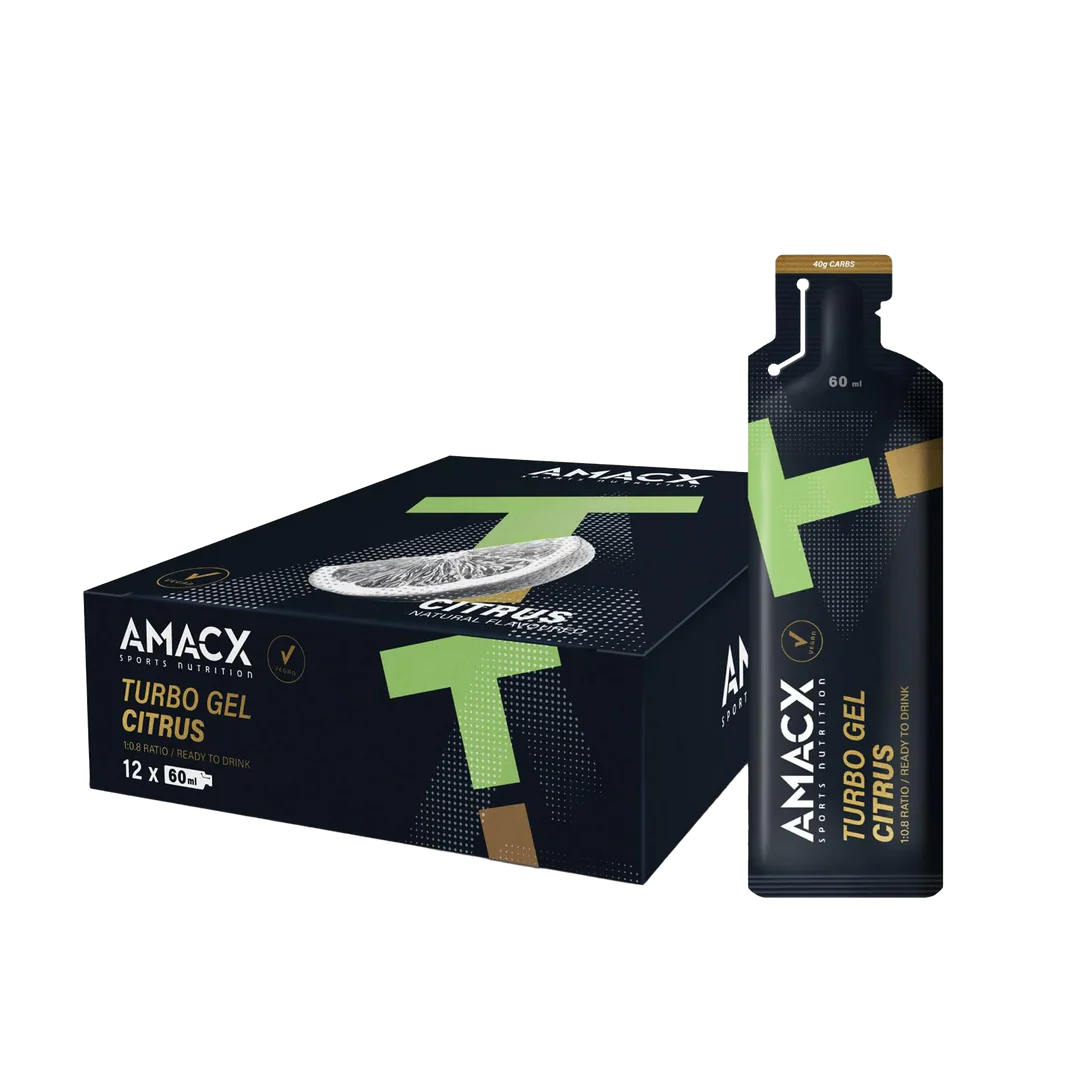 Amacx Turbo Gel Citrus energy gel packet and box with citrus flavor packaging in black and green design