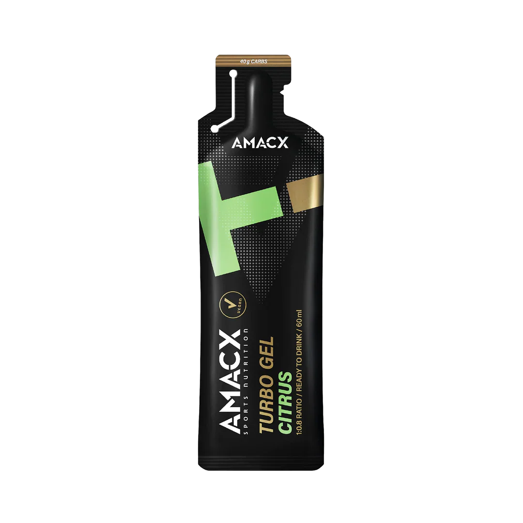 Amacx Turbo Gel Citrus energy gel pouch with black and green packaging designed for sports nutrition.